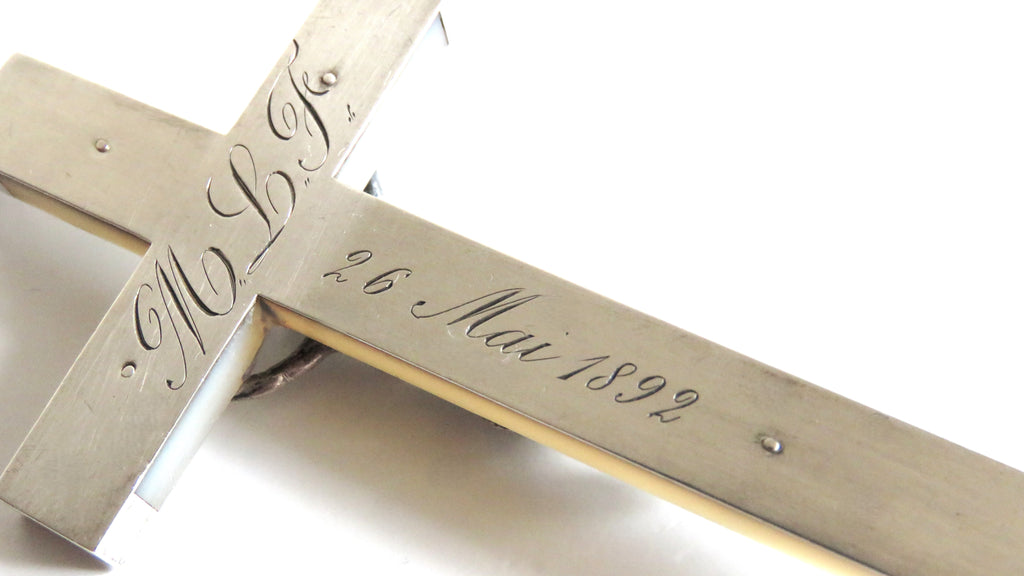 Antique French Mother of Pearl Crucifix with Hallmarked Silver Mounts, Dated 1892 - Vintage French Treasures