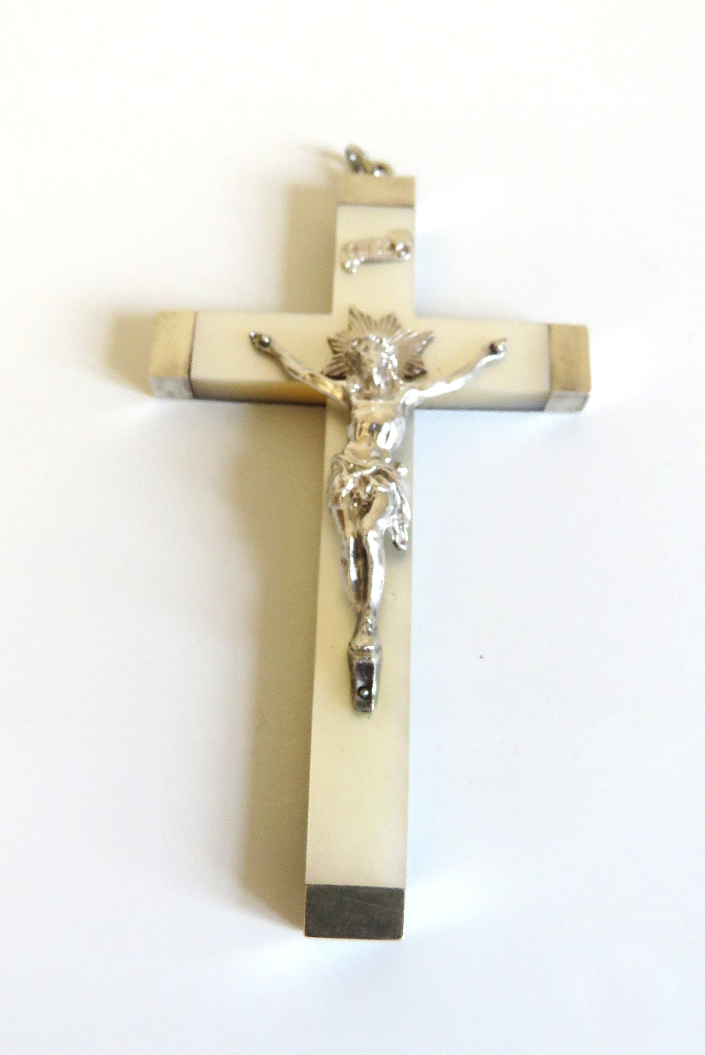 Antique French Mother of Pearl Crucifix with Hallmarked Silver Mounts, Dated 1892 - Vintage French Treasures