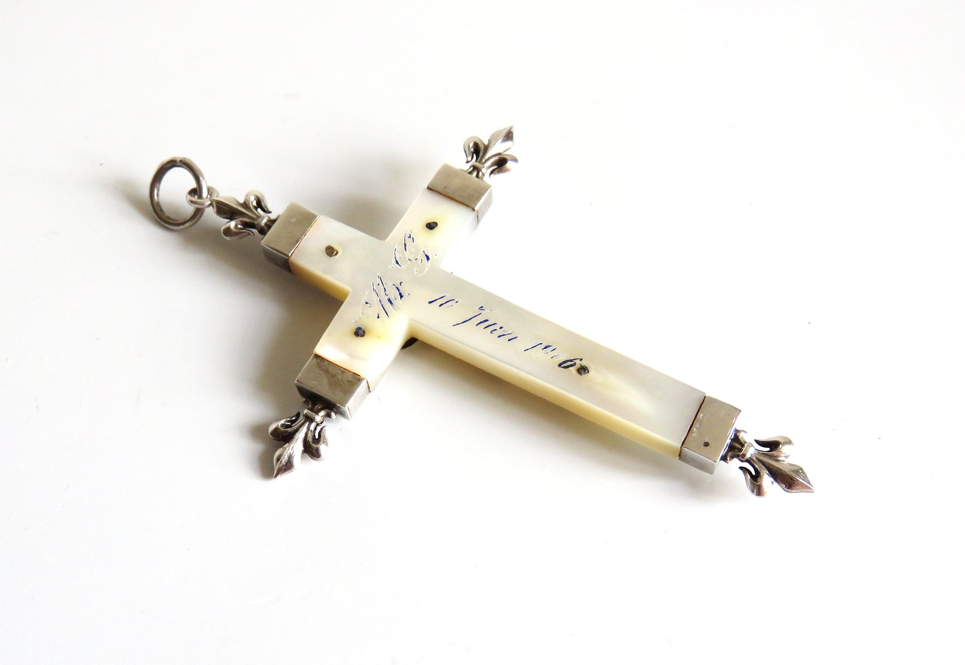 Antique French Mother of Pearl Crucifix Hallmarked Silver Dated 1906 - Vintage French Treasures