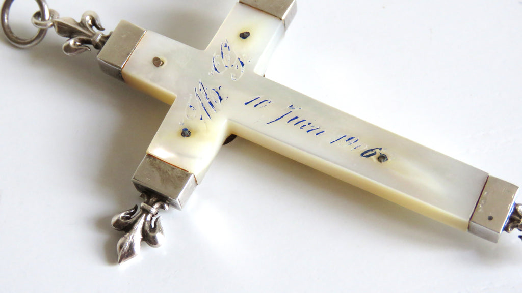 Antique French Mother of Pearl Crucifix Hallmarked Silver Dated 1906 - Vintage French Treasures