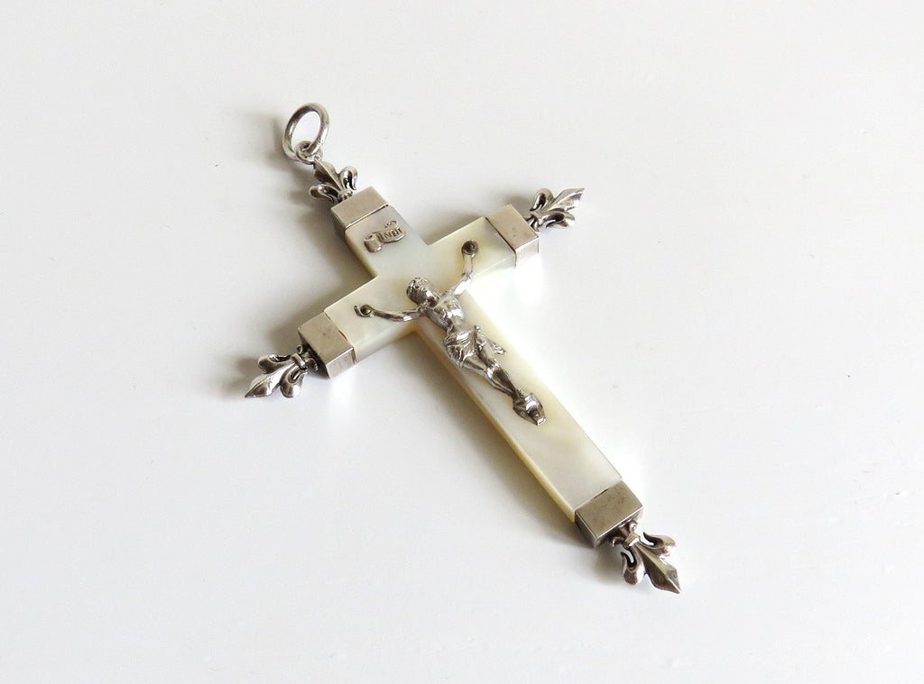Antique French Mother of Pearl Crucifix Hallmarked Silver Dated 1906 - Vintage French Treasures