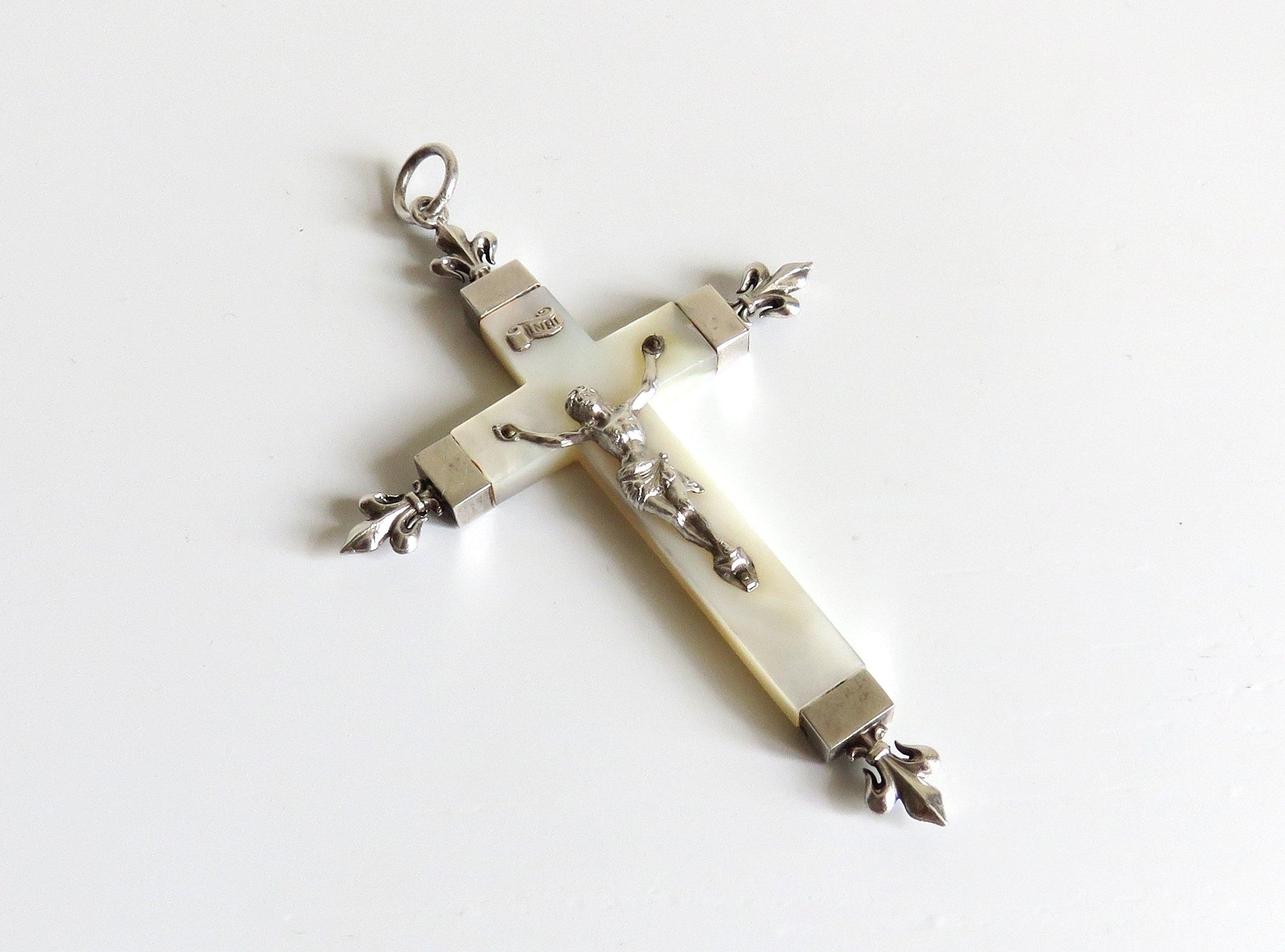 Antique French Mother of Pearl Crucifix Hallmarked Silver Dated 1906 - Vintage French Treasures