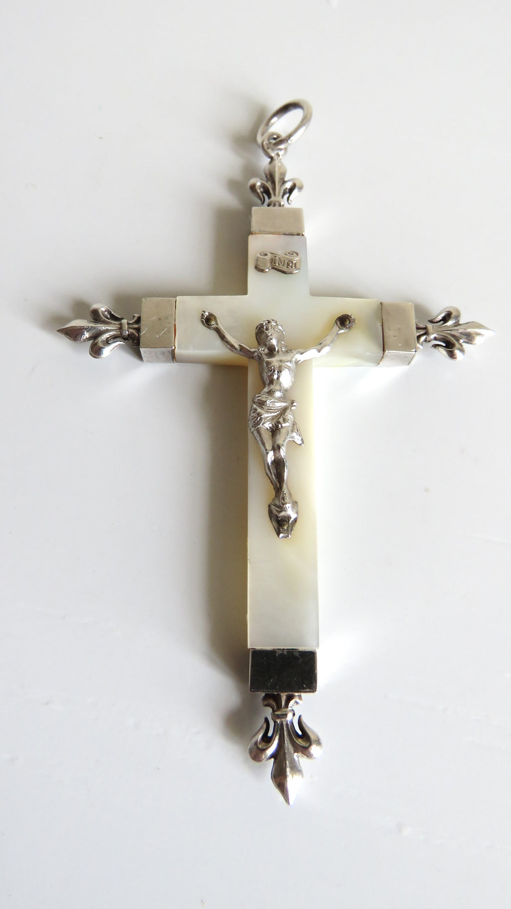 Antique French Mother of Pearl Crucifix Hallmarked Silver Dated 1906 - Vintage French Treasures