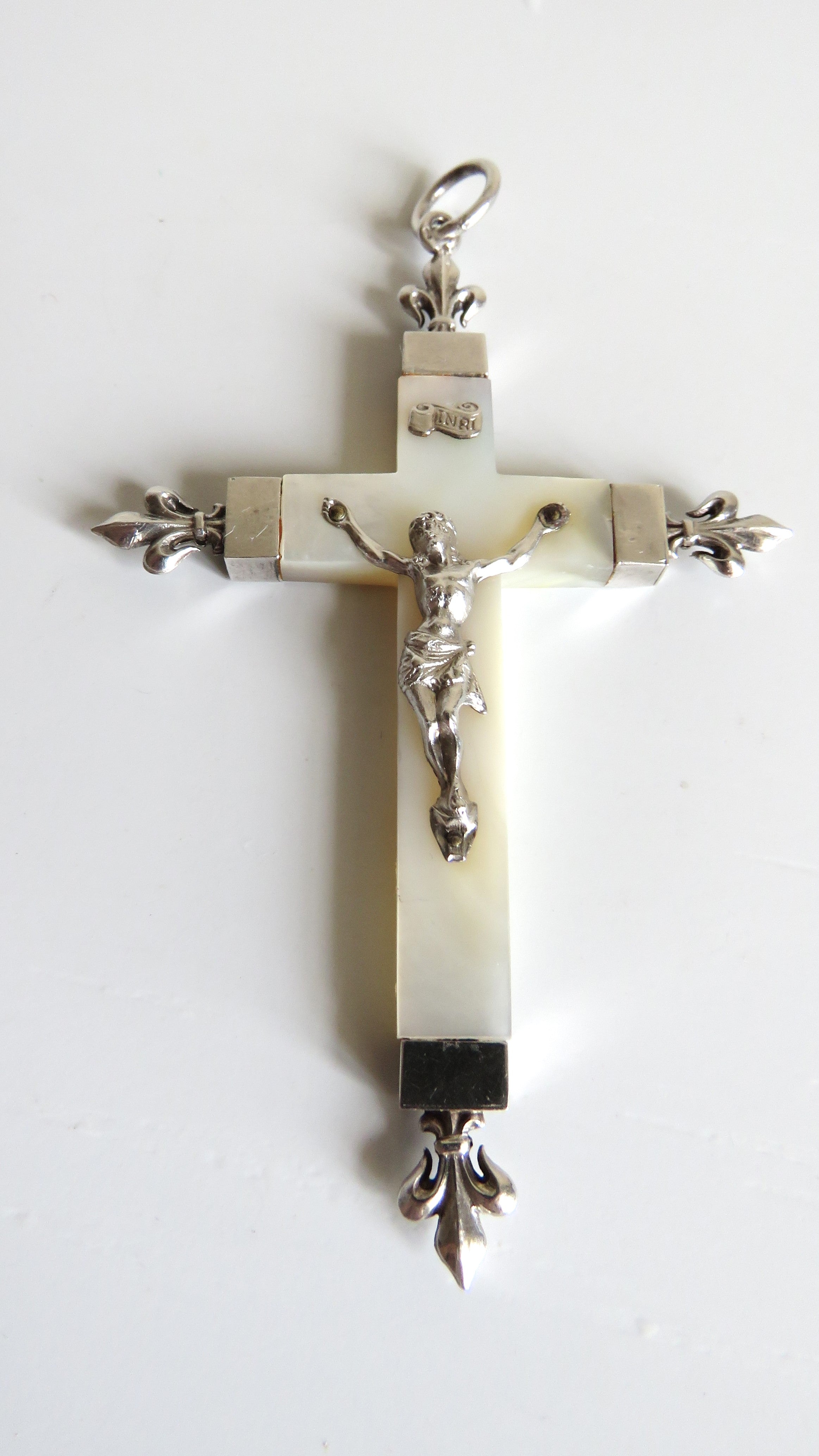 Antique French Mother of Pearl Crucifix Hallmarked Silver Dated 1906 - Vintage French Treasures