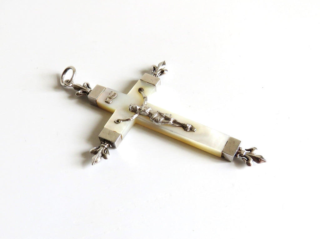 Antique French Mother of Pearl Crucifix Hallmarked Silver Dated 1906 - Vintage French Treasures