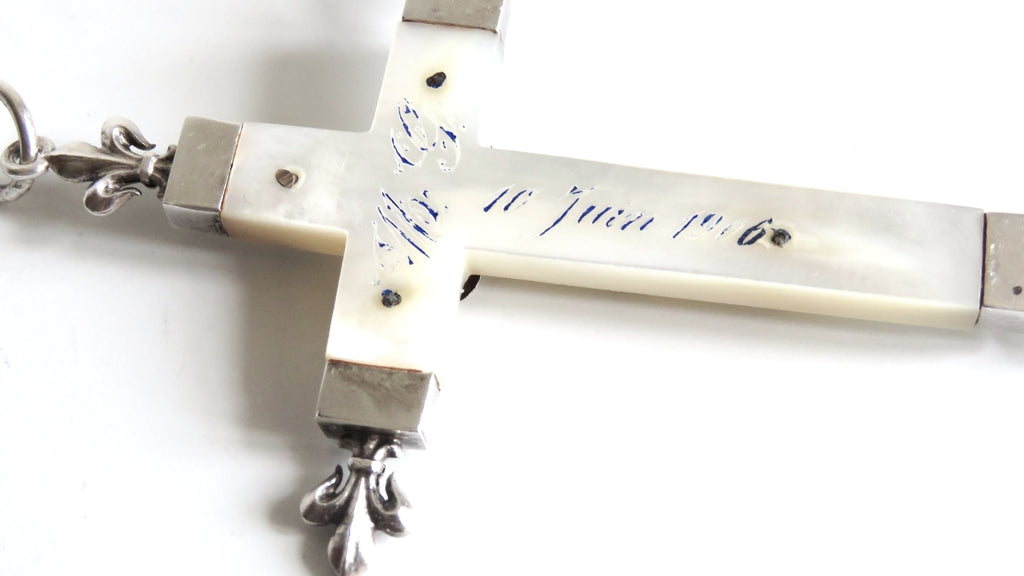 Antique French Mother of Pearl Crucifix Hallmarked Silver Dated 1906 - Vintage French Treasures