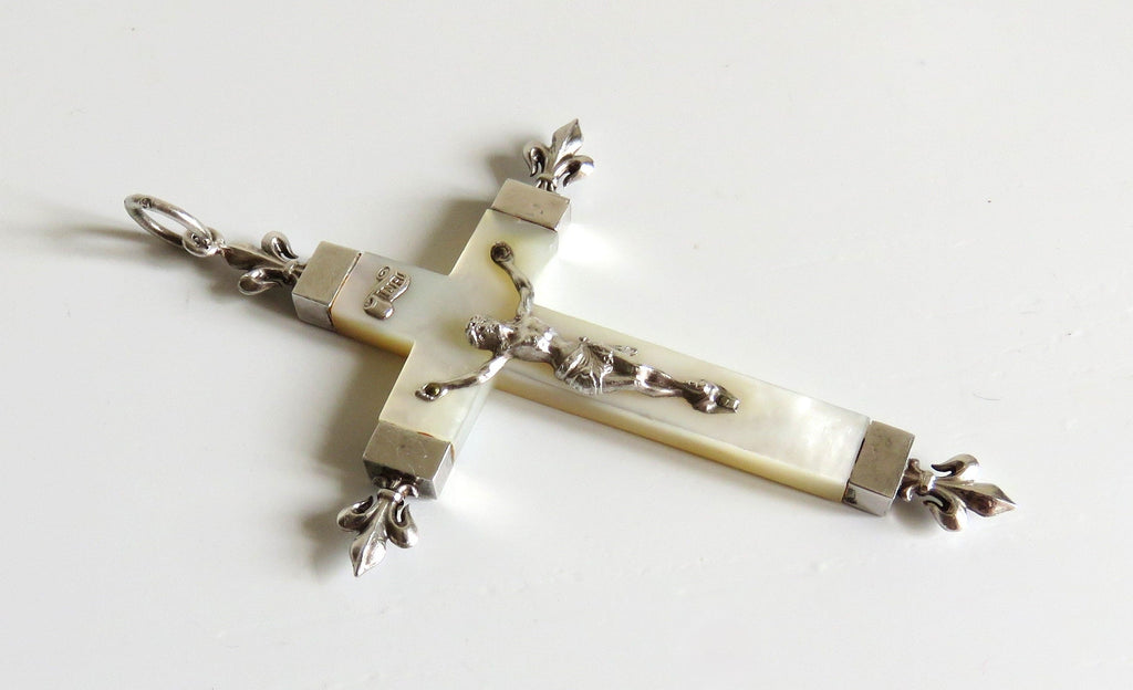 Antique French Mother of Pearl Crucifix Hallmarked Silver Dated 1906 - Vintage French Treasures