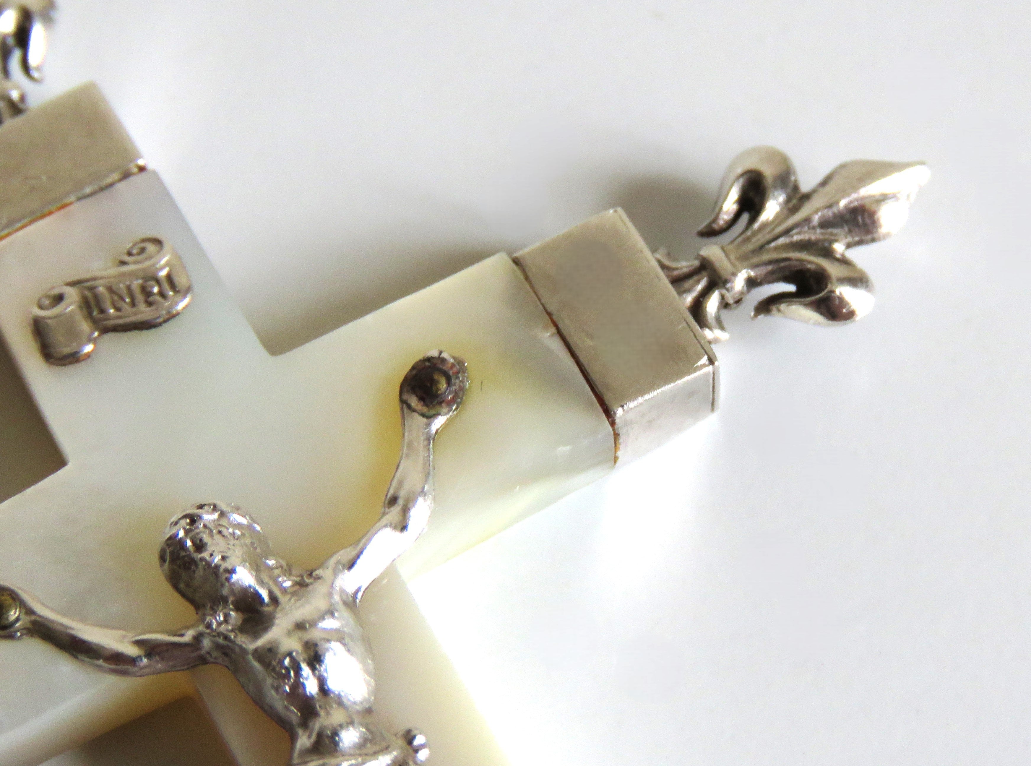 Antique French Mother of Pearl Crucifix Hallmarked Silver Dated 1906 - Vintage French Treasures