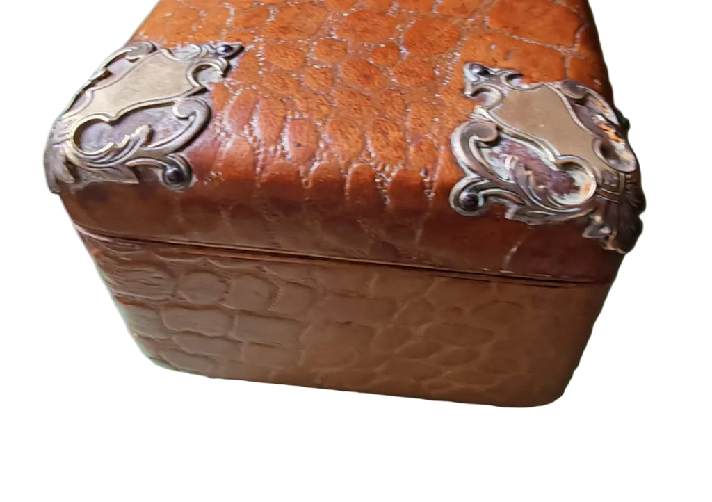 Antique French Leather Glove Box with Turquoise Silk Interior & Brass Mounts, Late 19th Century - Vintage French Treasures
