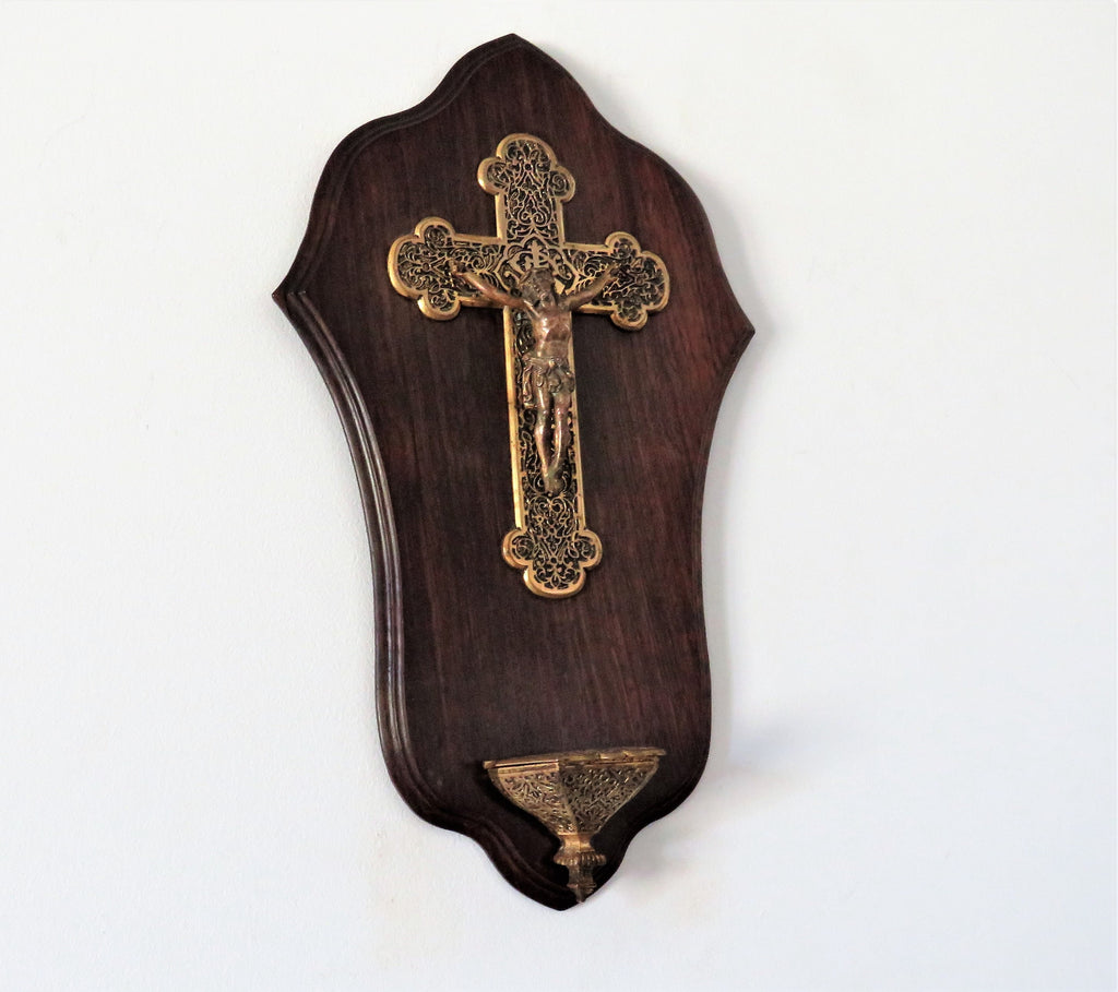 Antique wall-mounted holy water font with crucifix, wood and base metal - Vintage French Treasures