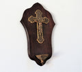 Antique wall-mounted holy water font with crucifix, wood and base metal - Vintage French Treasures
