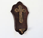 Antique wall-mounted holy water font with crucifix, wood and base metal - Vintage French Treasures