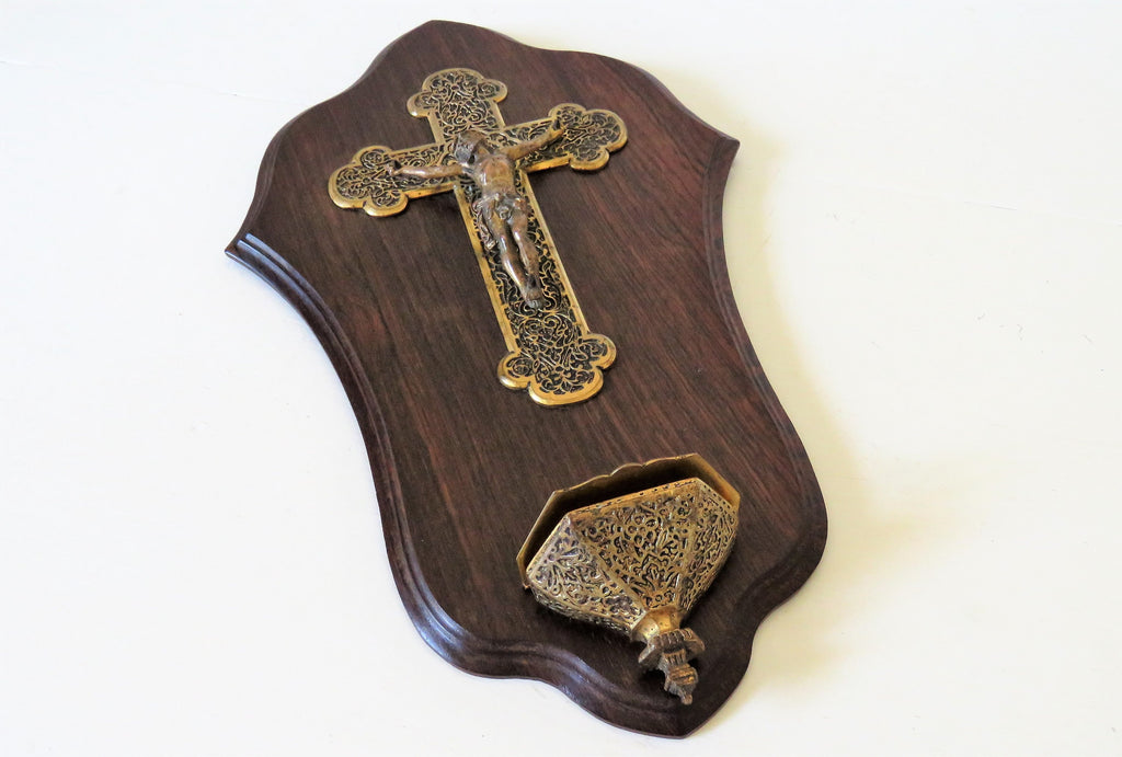 Antique wall-mounted holy water font with crucifix, wood and base metal - Vintage French Treasures