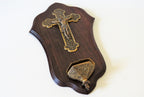 Antique wall-mounted holy water font with crucifix, wood and base metal - Vintage French Treasures