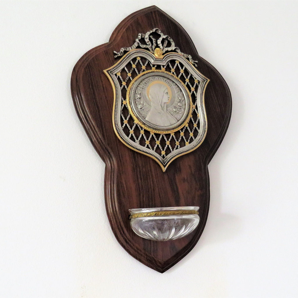 Antique French Rosa Mystica Benitier: Holy Water Font, Rosewood Plaque - Vintage French Treasures