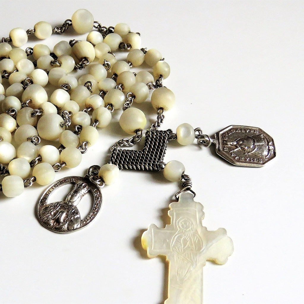 Rare French Silver Rosary, Late 18th to Early 19th Century (circa 1780–1830) — Articulated Heart Centre, Devotional Medals & Mother-of-Pearl Crucifix