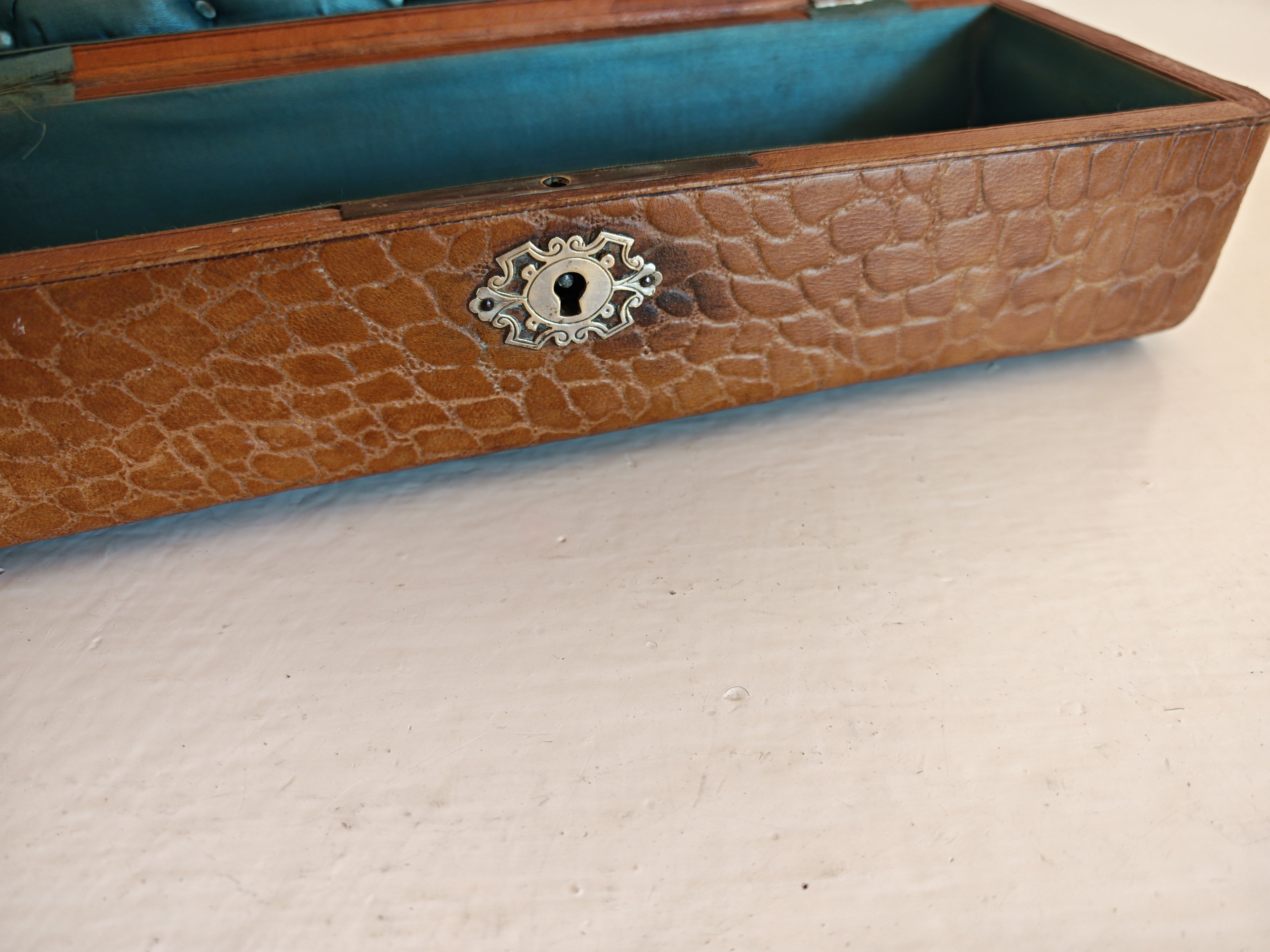 Antique French Leather Glove Box with Turquoise Silk Interior & Brass Mounts, Late 19th Century
