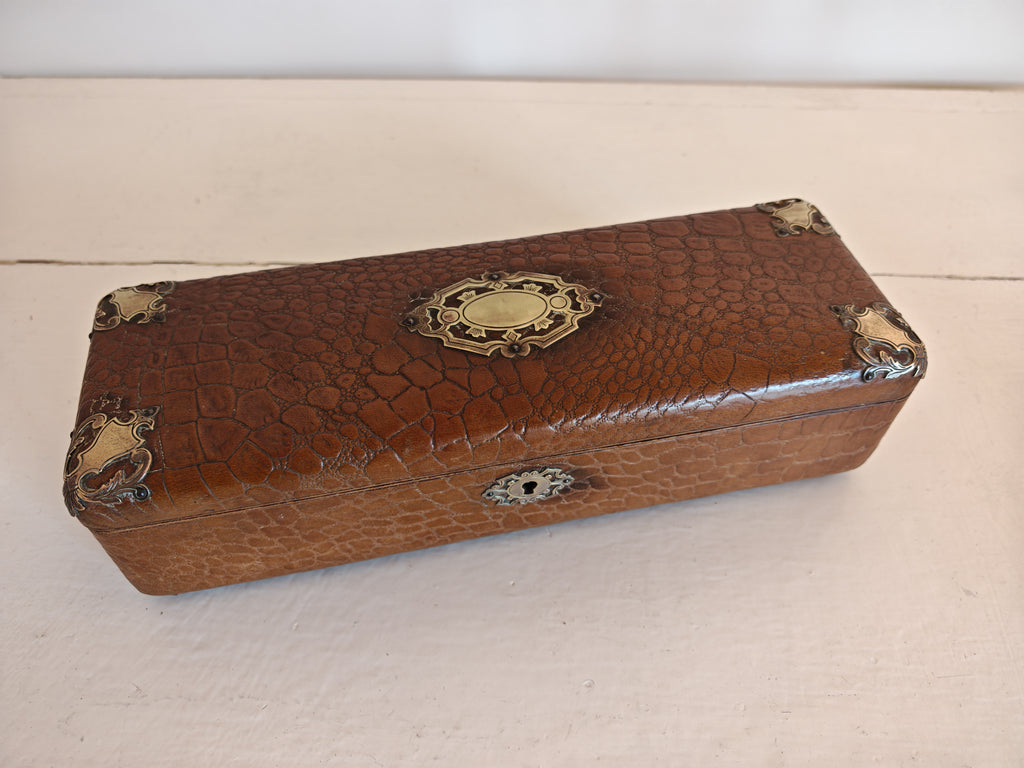 Antique French Leather Glove Box with Turquoise Silk Interior & Brass Mounts, Late 19th Century