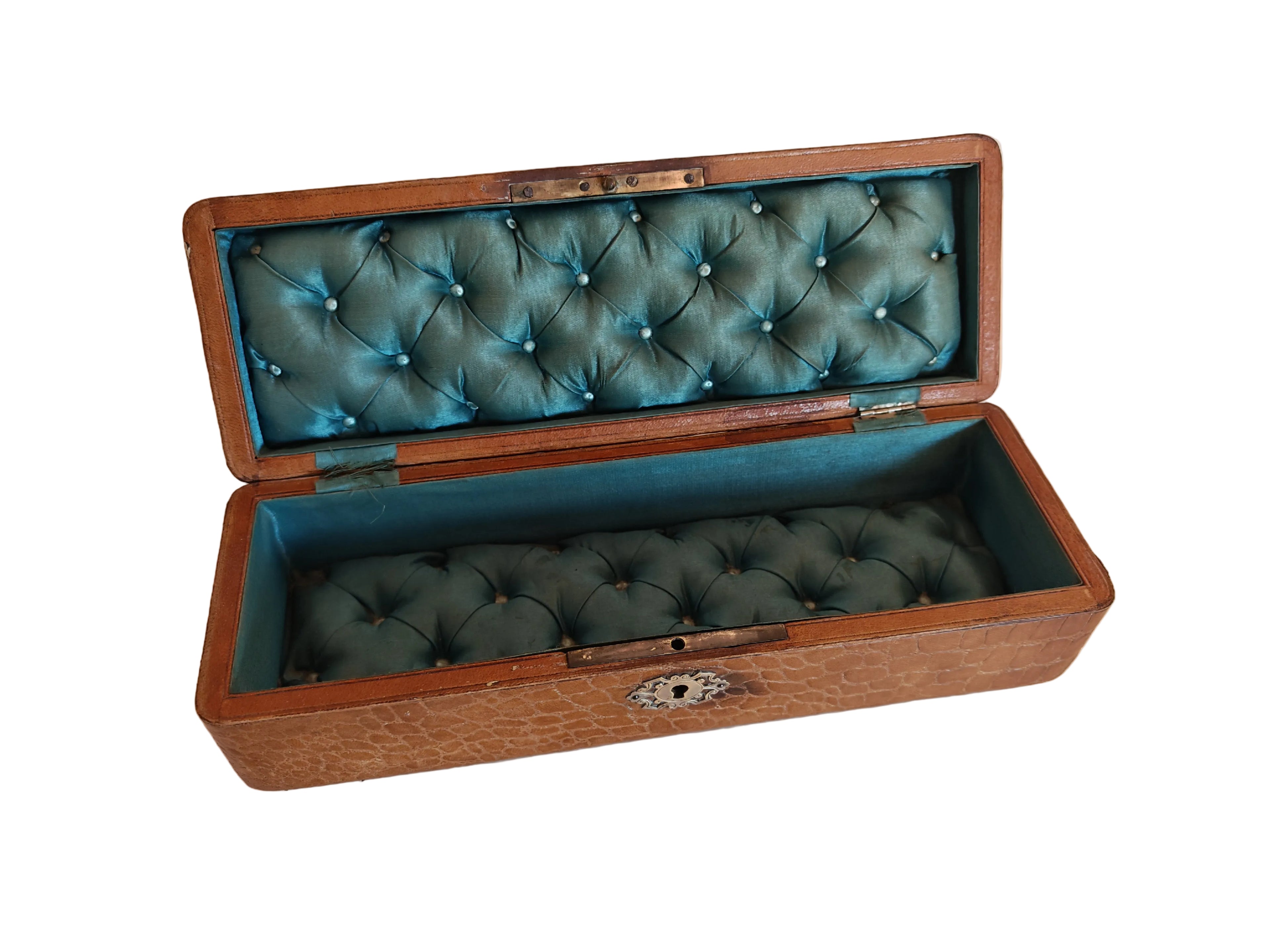 Antique French Leather Glove Box with Turquoise Silk Interior & Brass Mounts, Late 19th Century